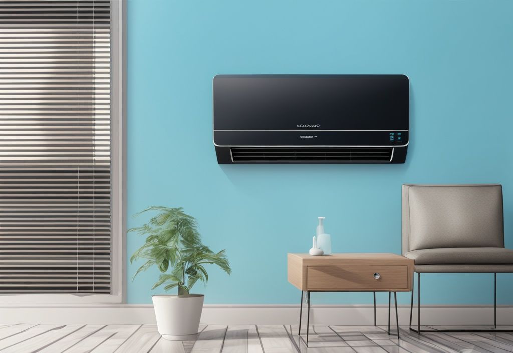 Modern digital painting of a room with a blue theme, featuring an air conditioner with the eco mode button highlighted, illustrating what is eco mode on AC.