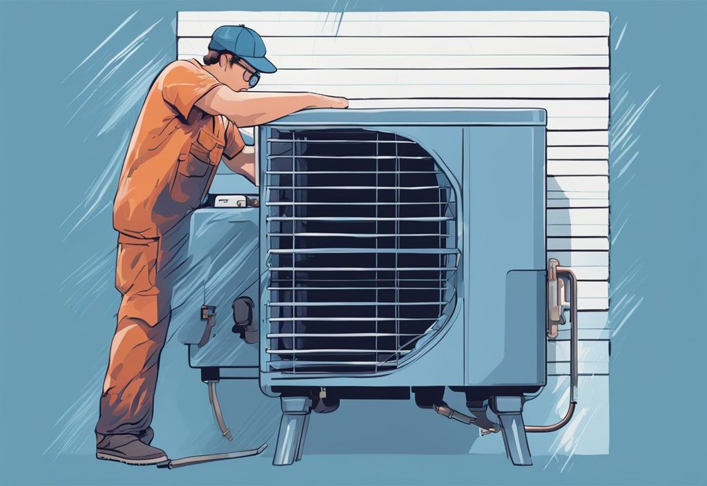 Modern digital painting of a person fixing a loose pipe on an air conditioner with a wrench, blue color theme.