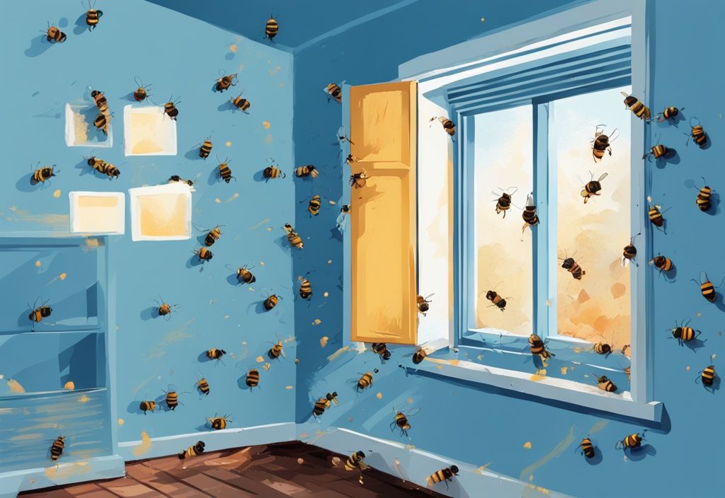 Modern digital painting of bees entering a room through gaps in a window air conditioner, illustrating the question: can bees get in through window AC?