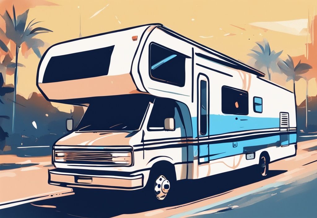 Modern digital painting of a blue-themed RV under bright sun with AC turning on and off repeatedly