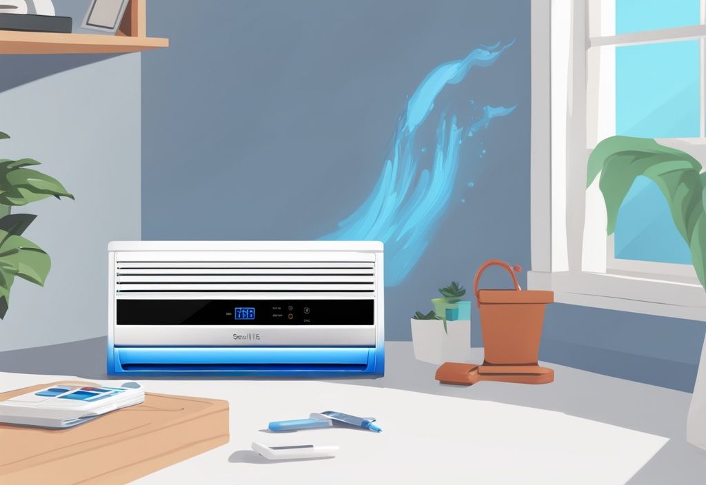 Modern digital painting of Senville air conditioner displaying PC 03 error code with user manual open to troubleshooting section.