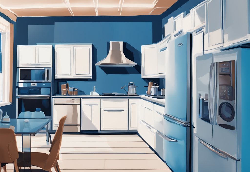 Modern kitchen with blue-themed digital painting, featuring AC electric and gas appliances.