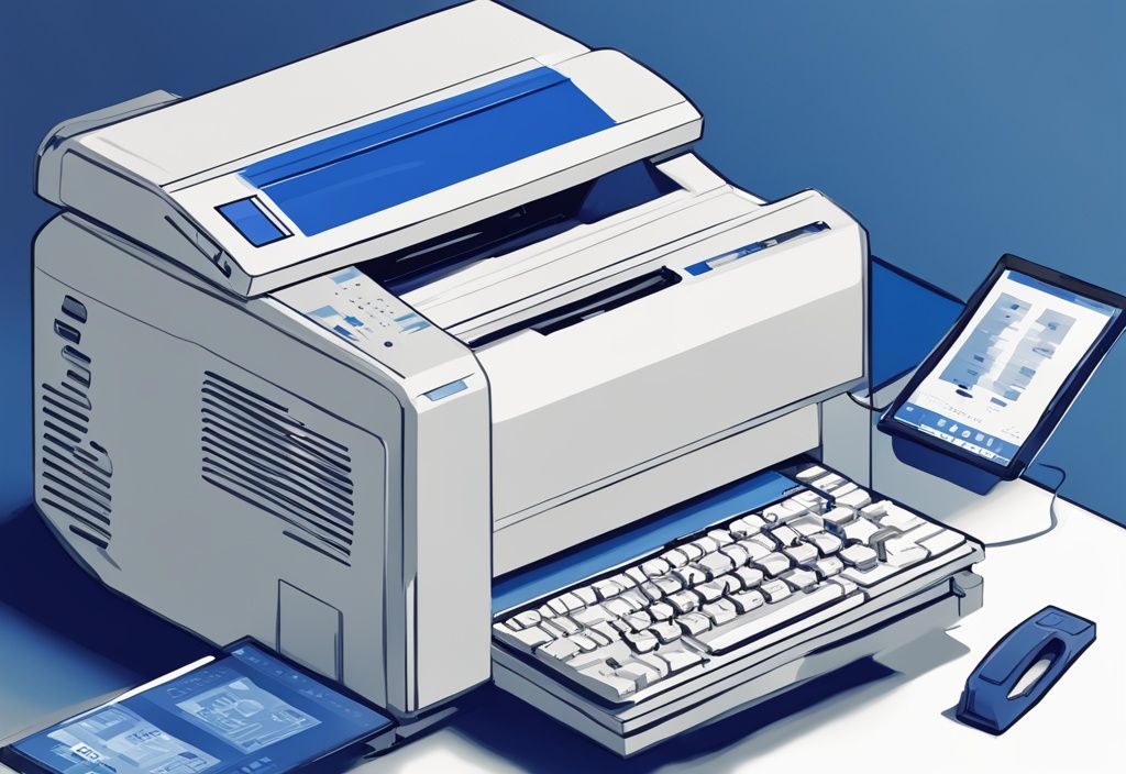 Modern digital painting illustration of a Mitsubishi printer showing the 4250 error code on its screen, with a blue color theme.