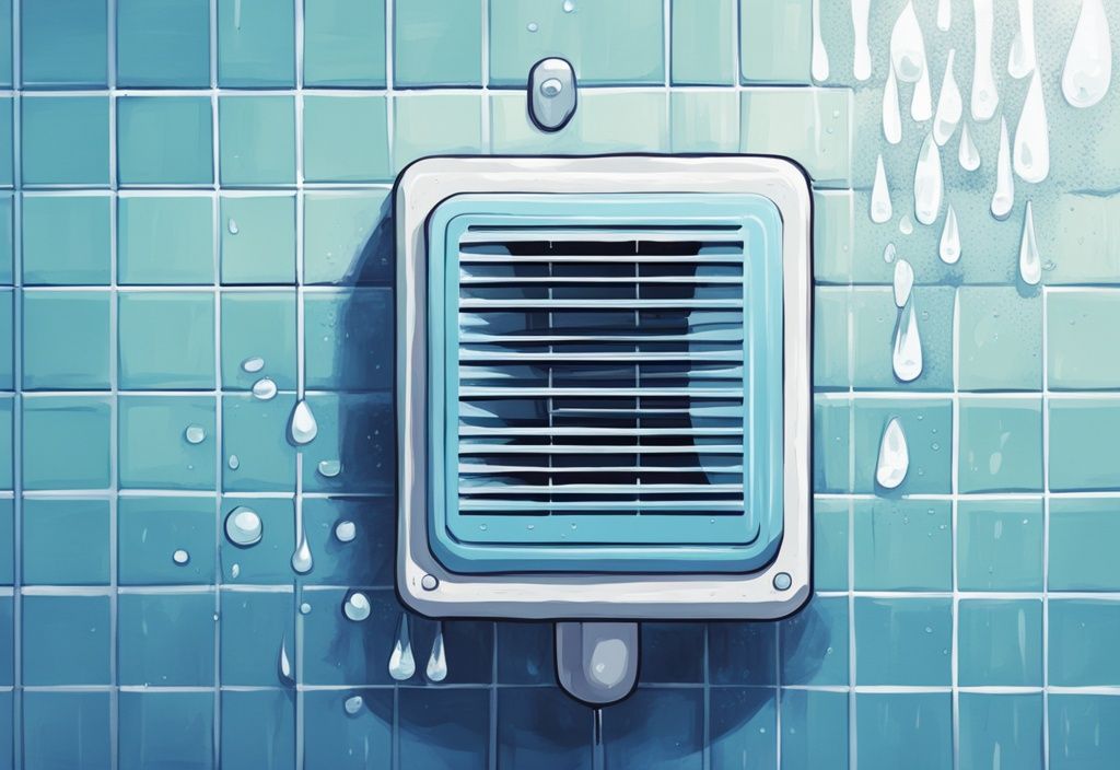 Close-up of a blue-themed bathroom AC vent with water droplets dripping.