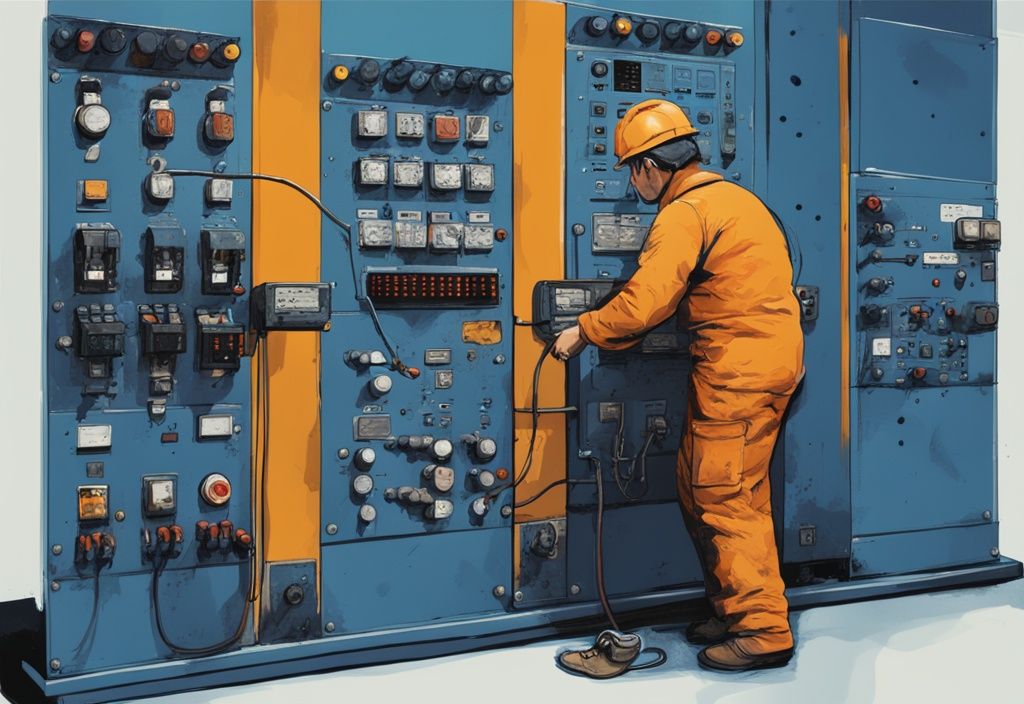 Modern digital painting of distressed technical operator pulling contactor switch in electrical control panel, contactor pulled in but nothing happens, blue color theme.