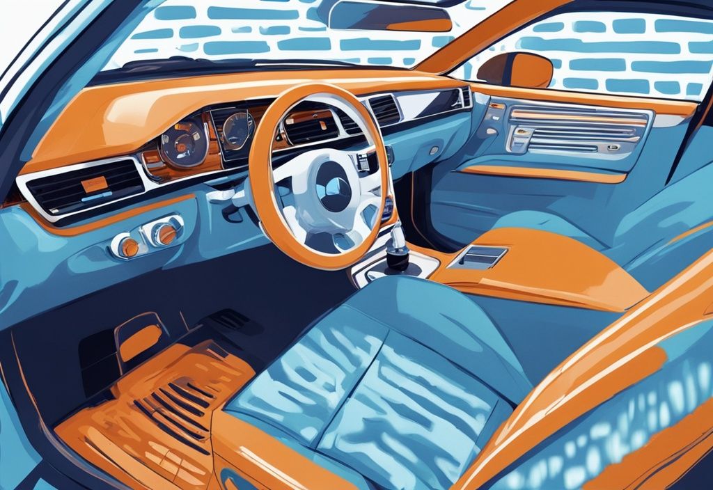 Modern digital painting of car interior with blue color theme, focusing on air condition vents emitting colored waft of air suggesting vinegar smell.