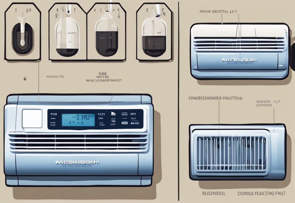 Modern digital painting of a blue-themed Mitsubishi mini split air conditioner with detailed close-up of control panel blinking codes and their meanings.