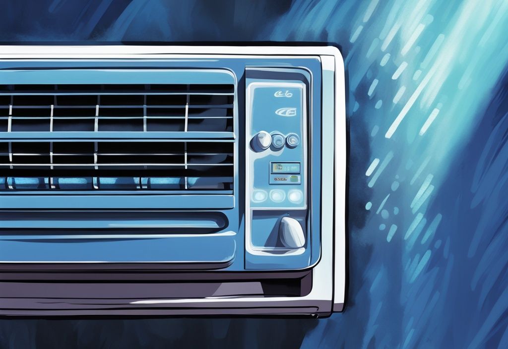 Close-up of a GE window air conditioner with all lights flashing and beeping, modern digital painting in blue color theme.