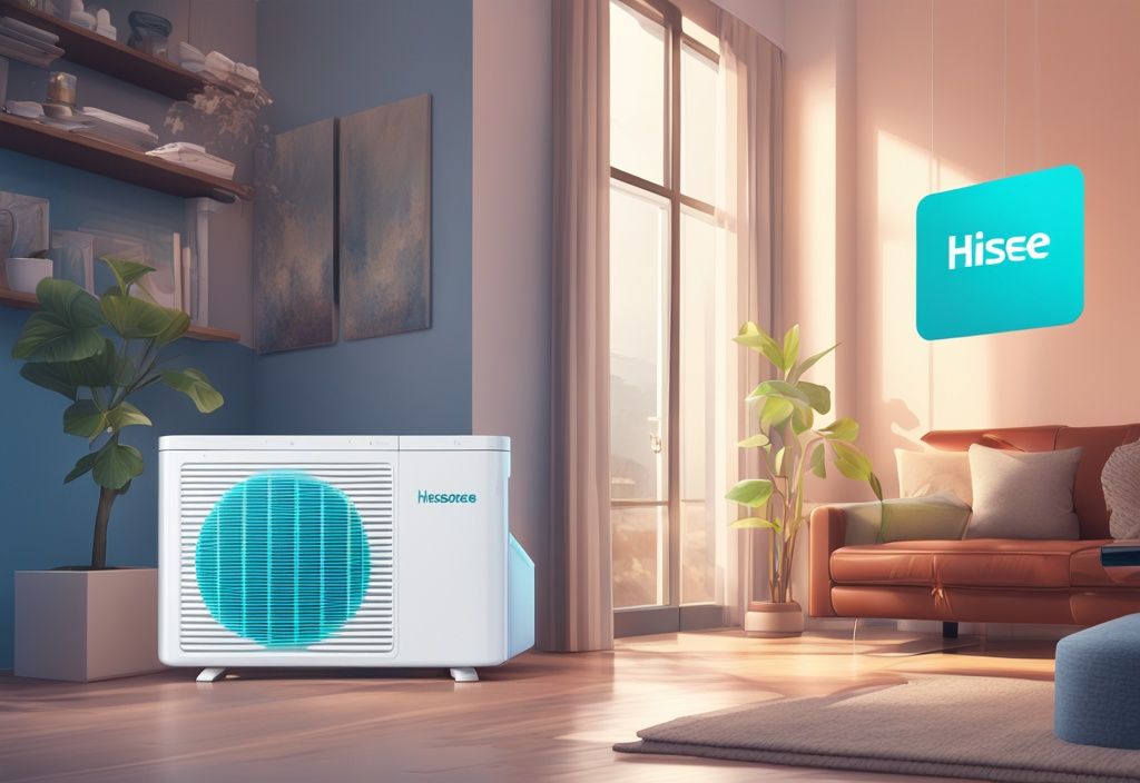 Modern digital painting of a blue-themed Hisense app on smartphone connecting to Hisense AC unit via Wi-Fi