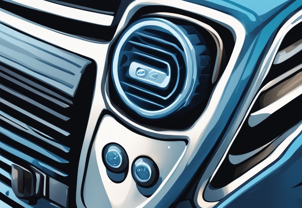 Close-up of a car's air conditioning unit with a hissing sound from car AC illustrated in blue digital painting.