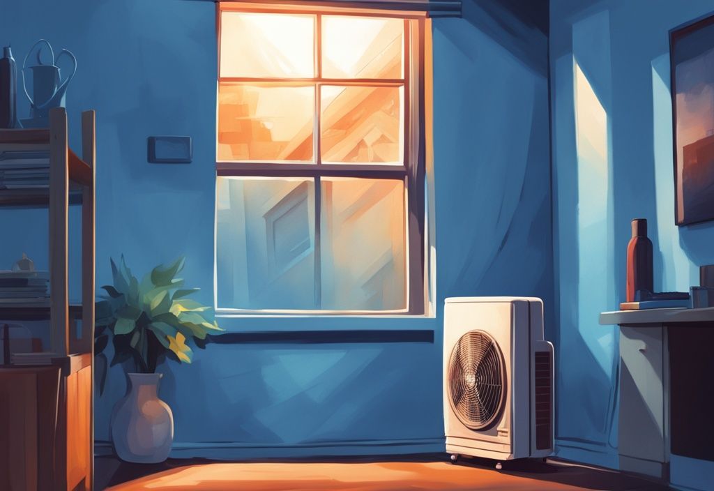 Modern digital painting of a blue-themed compact air conditioner in a dimly lit basement window with sunbeams adding warmth.