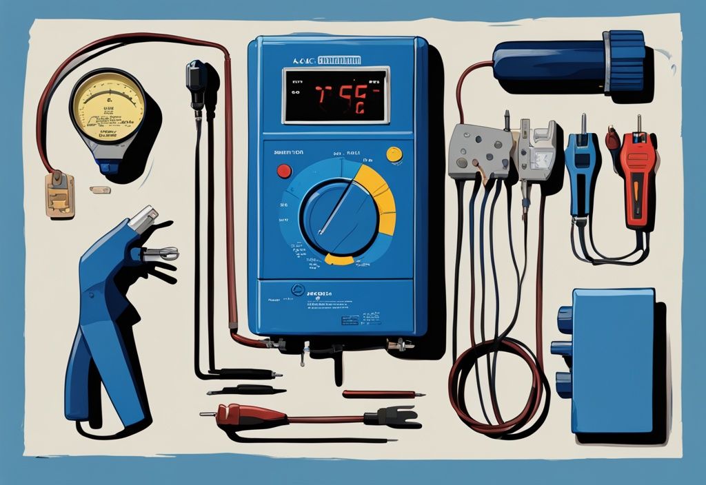 Modern digital painting of AC tools, including a 3 wire AC pressure switch, multimeter, and wiring diagrams, with a blue color theme.