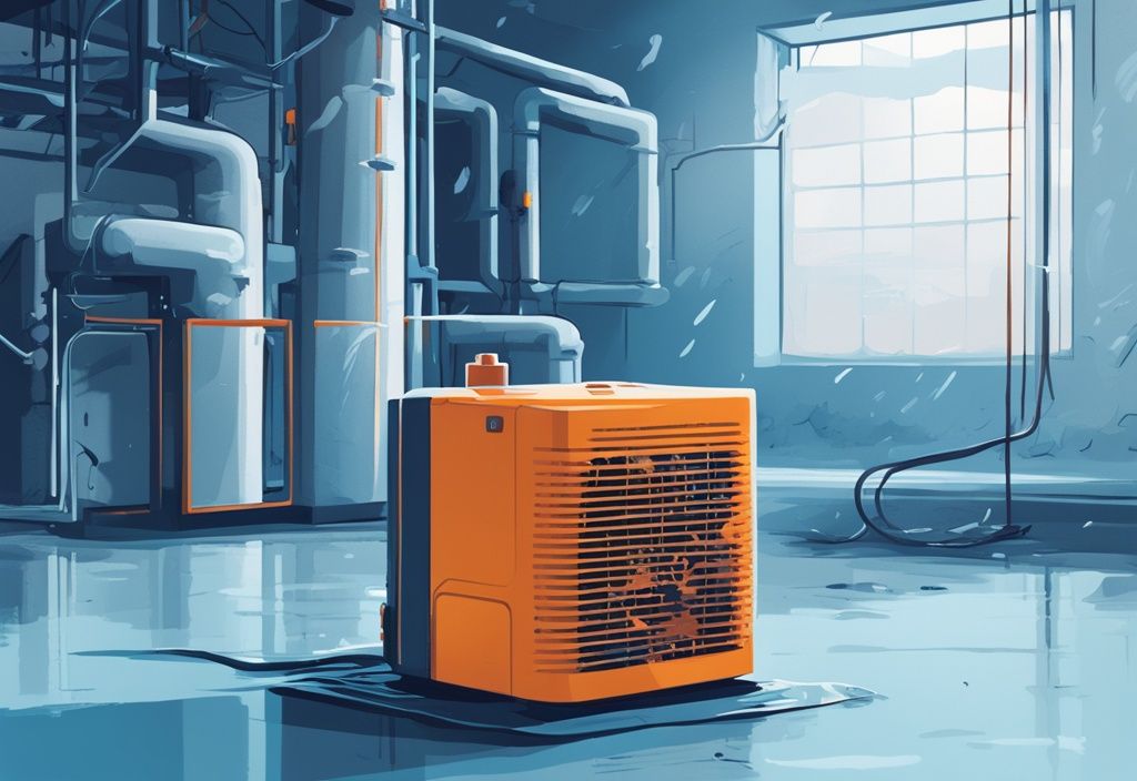 Modern digital painting of a blue-themed industrial dehumidifier in a damp setting absorbing moisture, dehum meaning illustrated visually.