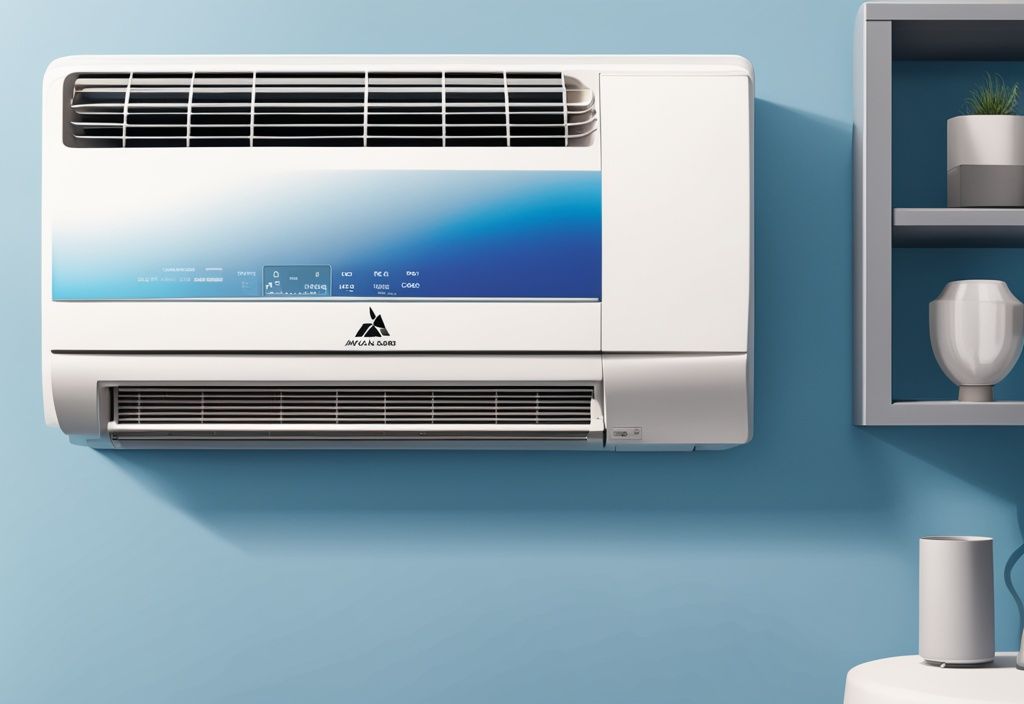 Modern digital painting of a Mitsubishi mini split air conditioner with various blinking codes highlighted on its blue-themed digital display screen.