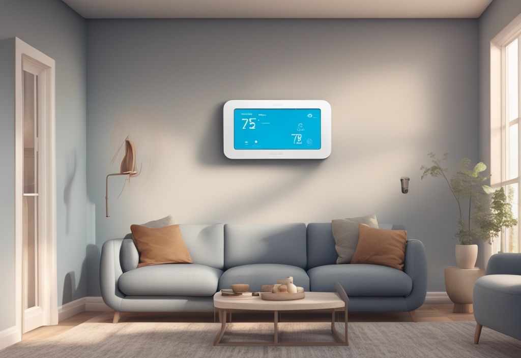 Modern digital painting of a blue-themed household wall with an ecobee thermostat showing an air conditioning error message.