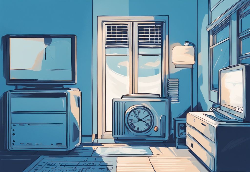 Modern digital painting of a blue-themed air conditioner with a thermometer and clock showing time passage.