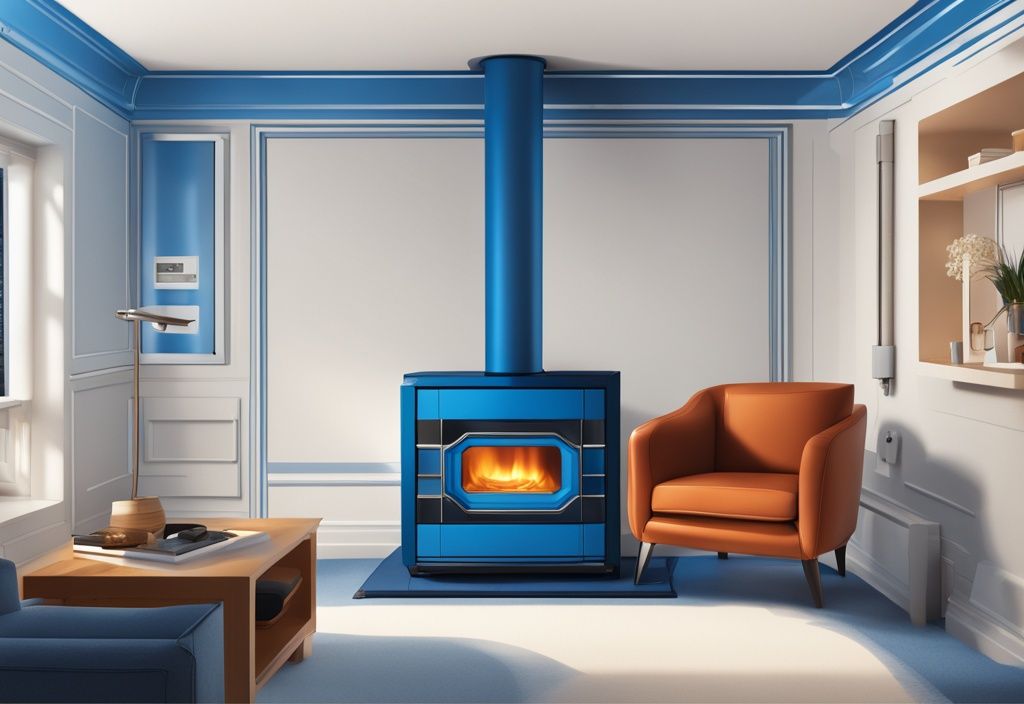 Modern digital painting of York Diamond 80 furnace in home setting, blue color theme, visible key features and controls