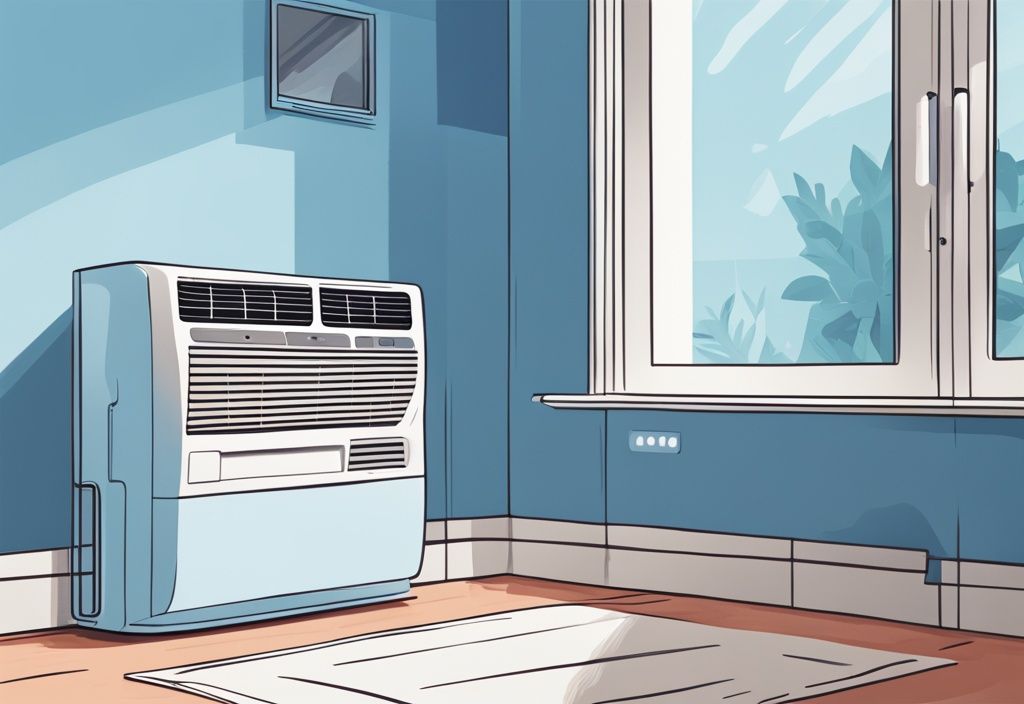 Modern digital painting of a blue-themed room featuring an air conditioner with the eco mode button highlighted, illustrating what is eco mode on AC.