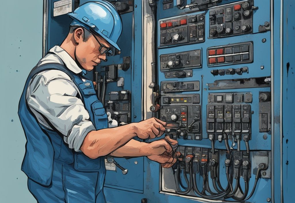 Modern digital painting of a distressed technical operator pulling the contactor switch in an electrical control panel, but contactor pulled in but nothing happens, with blue color theme.