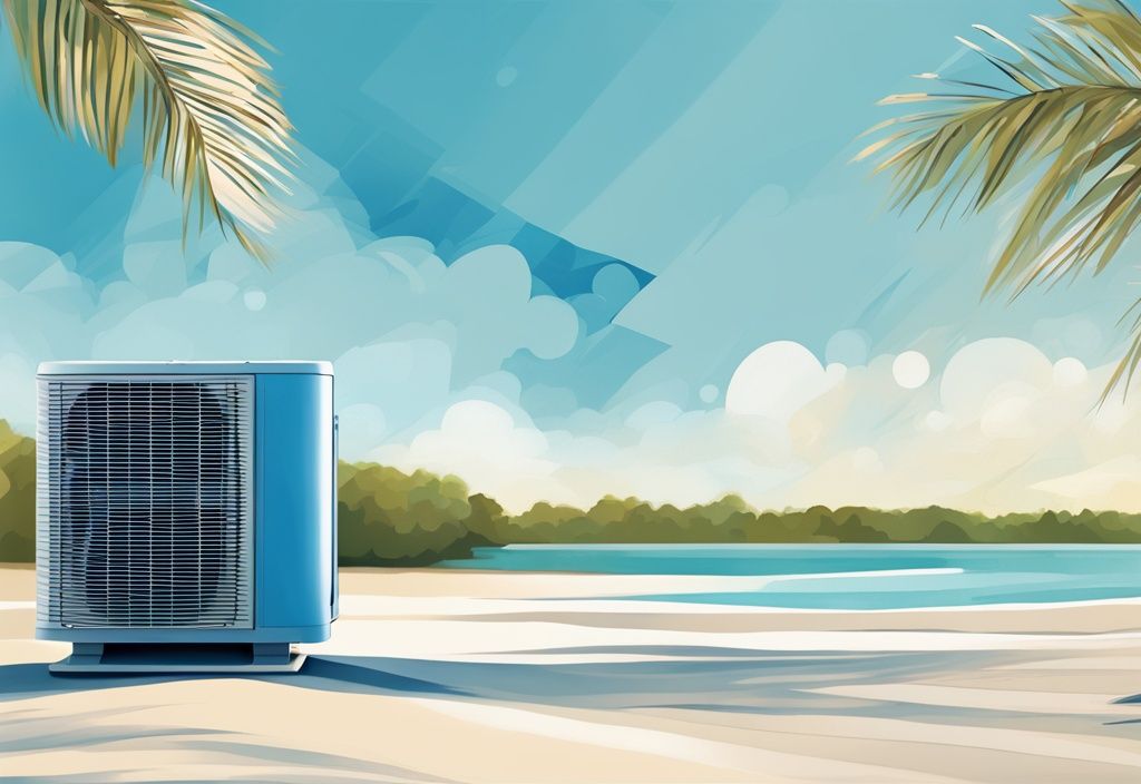 Modern blue-themed digital painting of a Sarasota Breeze Air Conditioner on a sunny Sarasota beach backdrop.