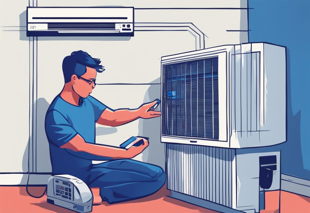 Modern digital painting illustration of a person troubleshooting a window air conditioner with a digital panel showing the 'E8' error code, blue color theme, how to fix e8 error code window air conditioner.