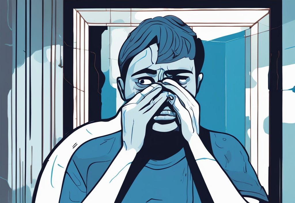 Modern digital painting of a person holding their nose near an air vent with animated stink lines, illustrating an air vent smells like poop.