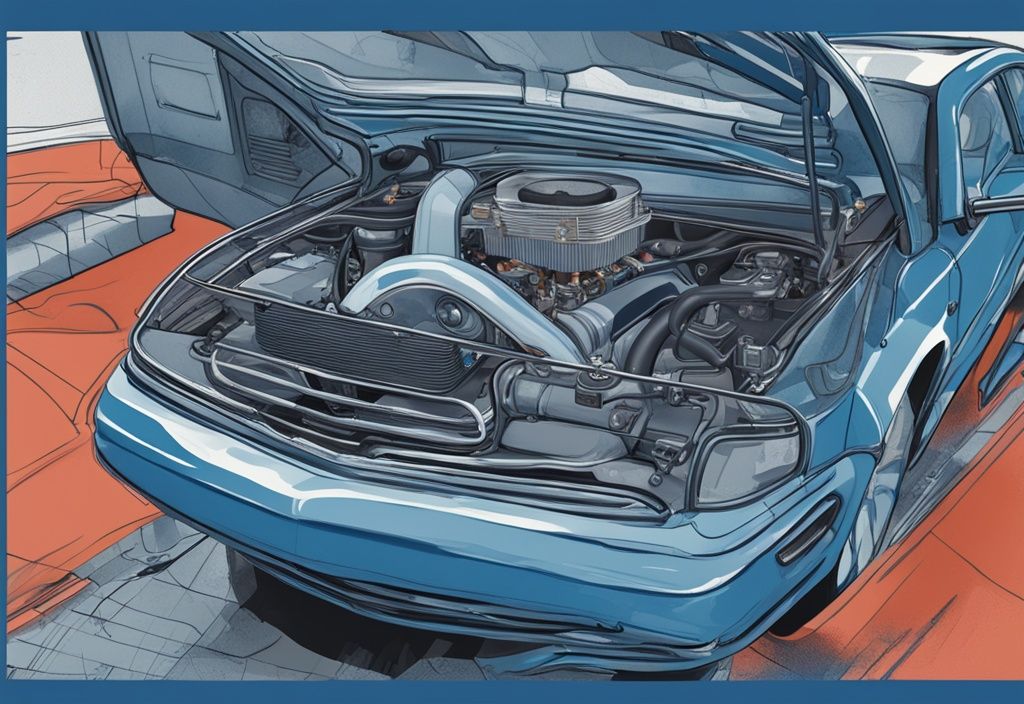 Modern digital painting of a car engine diagram with the AC condenser location labeled, answering where is the AC condenser located.