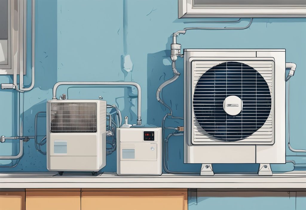 Modern digital painting of an AC unit with an opened drip pan, showing moderate water accumulation, illustrating how much water should be in AC drip pan.