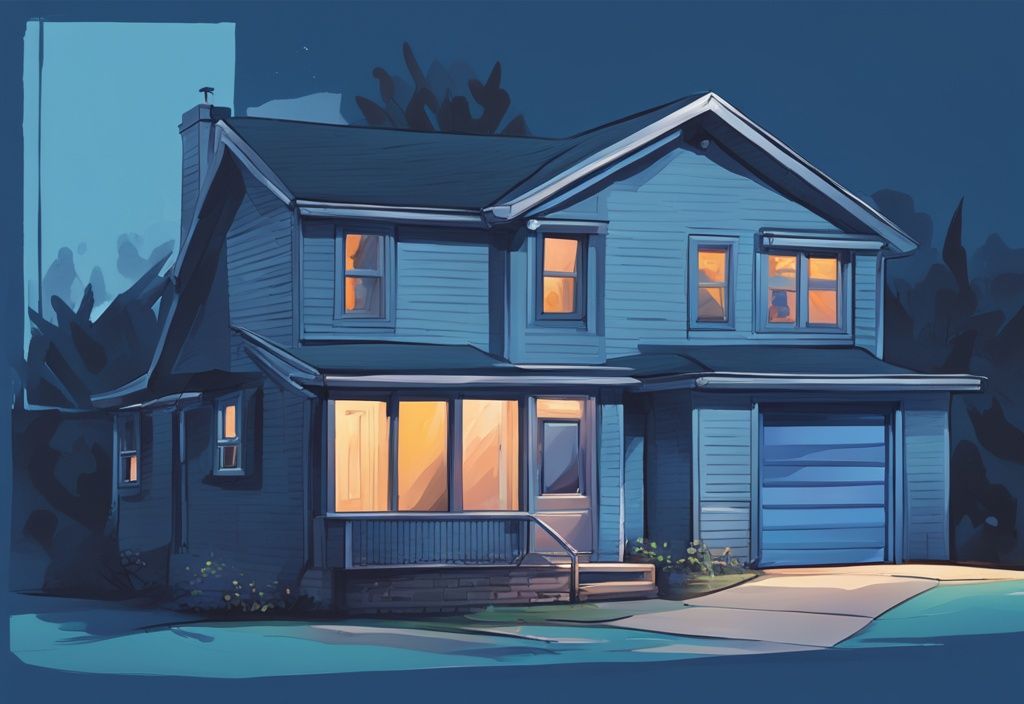 Modern digital painting of a suburban home with a blue theme, showcasing a basement window air conditioner unit.