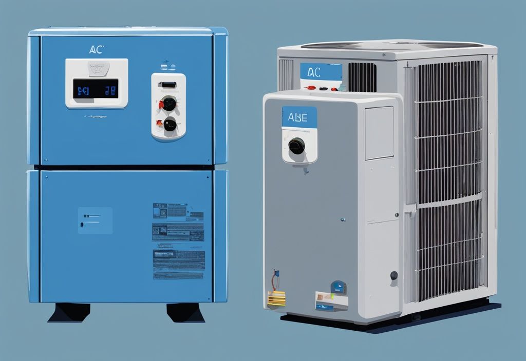 Modern digital painting of AC electric unit vs gas unit in action, highlighting essential components and functionality, main color theme blue