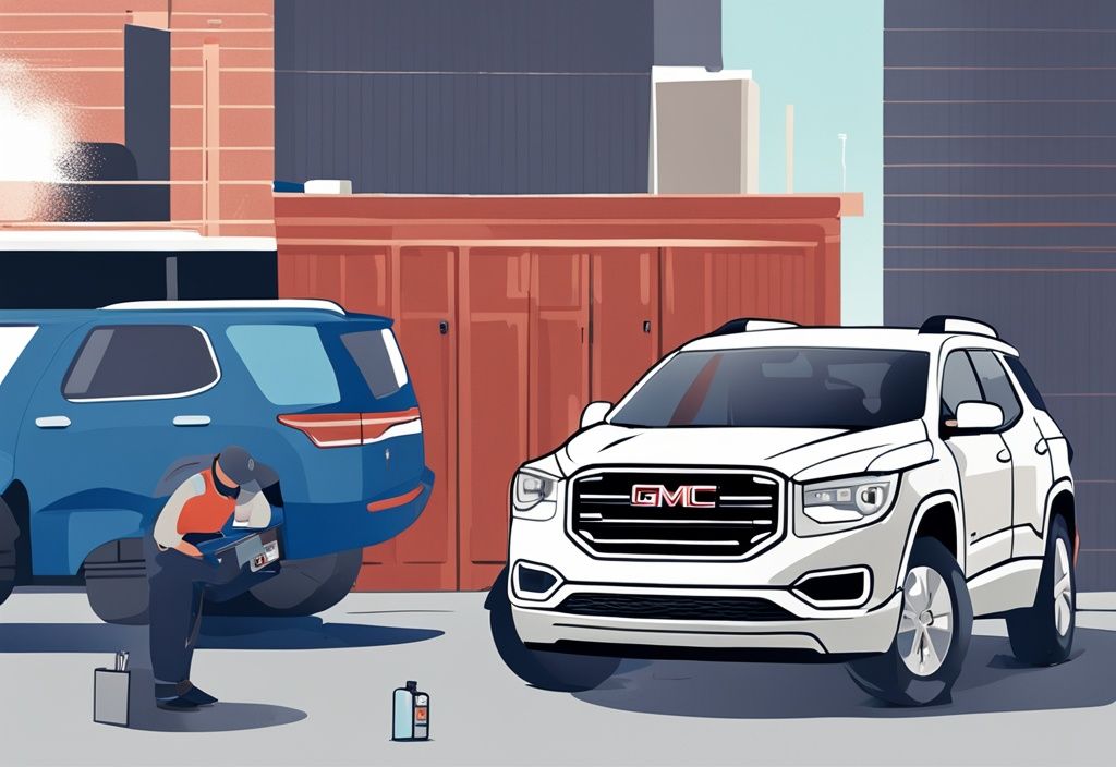 Modern digital painting of a mechanic working on the air-conditioner unit of a GMC Acadia with a car recall notice visible, illustrating the GMC Acadia air conditioner recall.