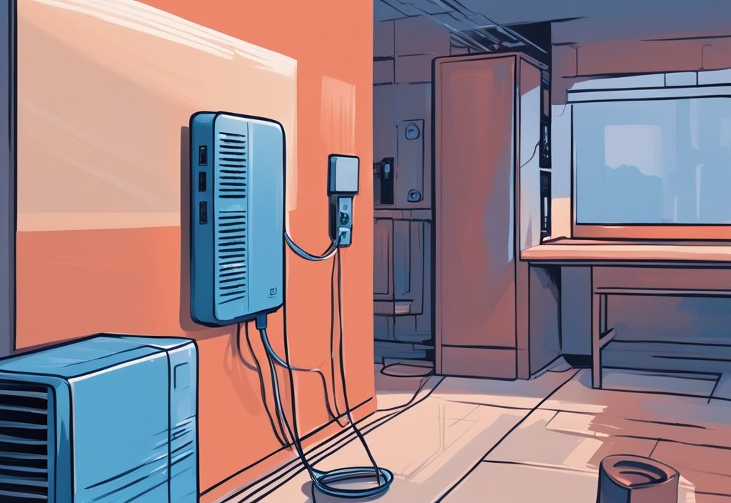 Modern digital painting of an air conditioner plugged into a surge protector, illustrating safe electronic practice; can you plug an ac into a surge protector.