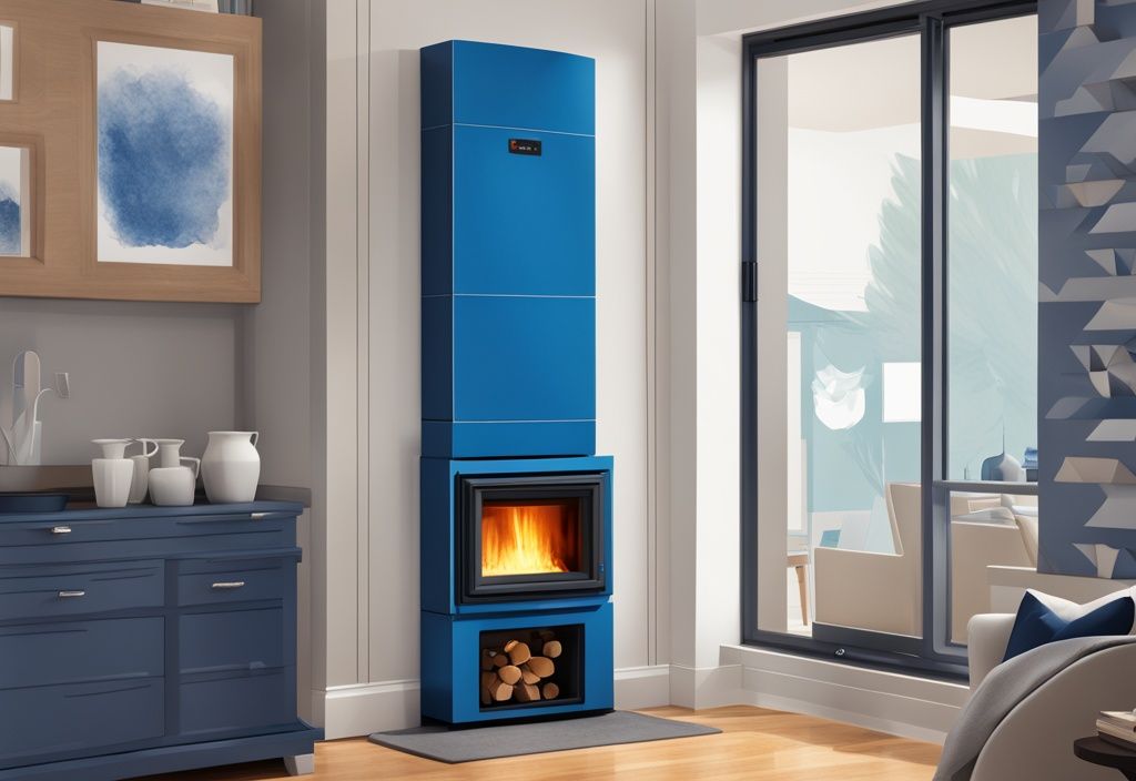 Modern digital painting of a York Diamond 80 furnace in a home setting with blue color theme and visible controls