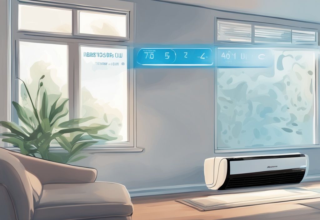 Modern digital illustration of a Mitsubishi mini split air conditioner with blue theme, highlighting various blinking codes on its digital display screen, keyword: mitsubishi mini split blinking codes.