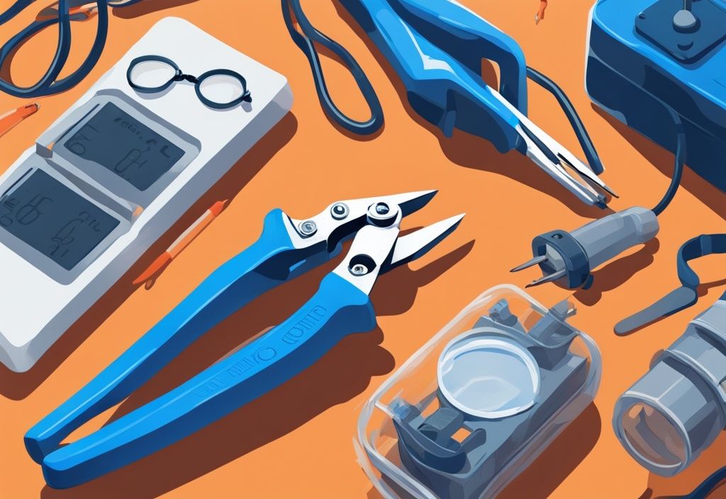 Modern digital painting of insulated pliers discharging a capacitor with safety gloves and goggles nearby, illustrating how to discharge a capacitor safely.