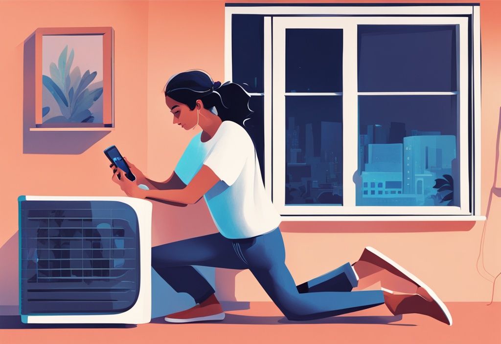 Modern digital painting of a person using a smartphone to connect Hisense AC to wifi network.