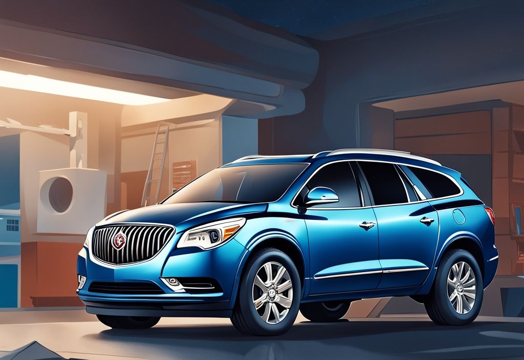 Modern digital painting of a blue Buick Enclave with hood open, showcasing detailed AC system and highlighted AC reset button diagram