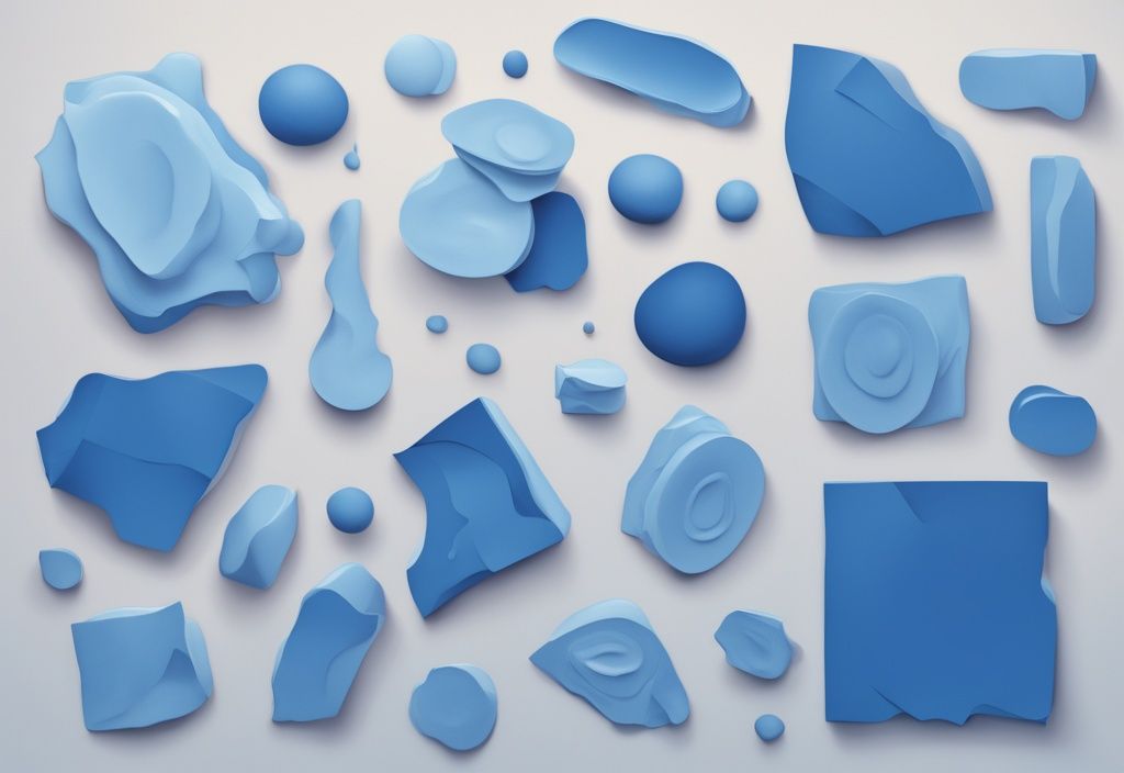 Modern digital painting of blue-themed Styrofoam pieces in various sizes on a smooth surface.