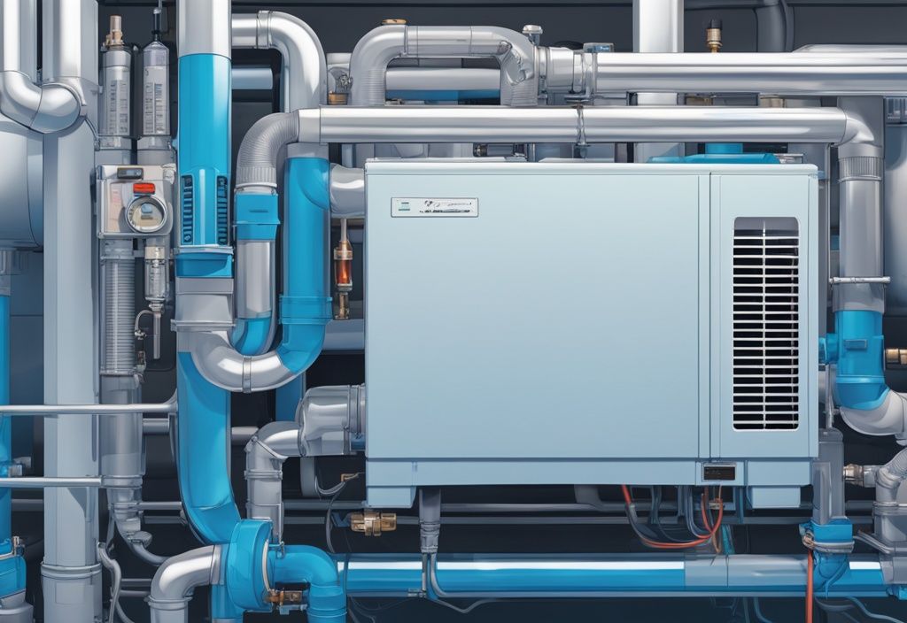 Modern digital painting of air conditioning system cross-section showing coolant flow and its impact on temperature regulation, illustrating the concept: does coolant affect AC.