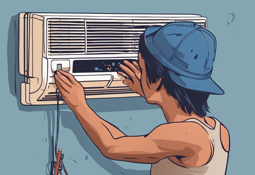 Modern digital painting of a person examining a wall-mounted air conditioner with tools, illustrating how to stop dripping noise from air conditioner.