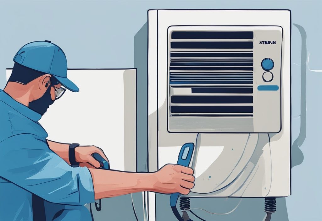 Modern digital painting of hands near an air conditioning unit, one holding a tool and the other reaching towards an ac float switch reset.