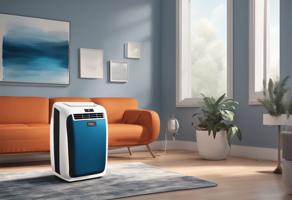 Modern living room with Black and Decker portable air conditioner not cooling effectively, blue color theme