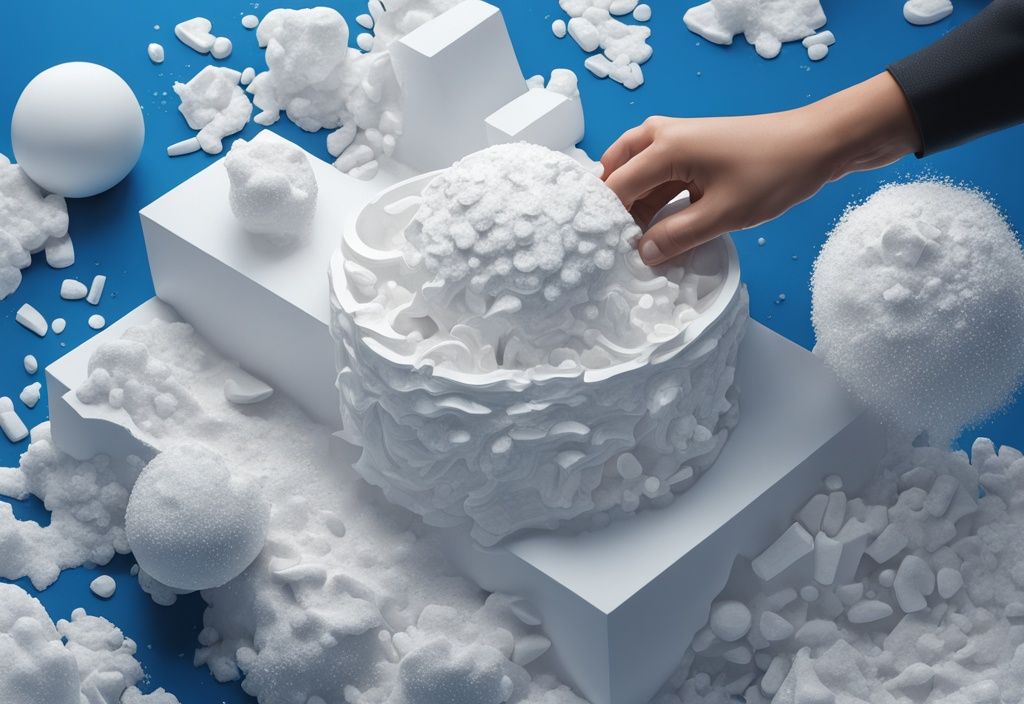 Intricate blue-themed digital painting of a white Styrofoam sculpture being carved, with Styrofoam crumbs scattered, highlighting the use of styrofoam in air conditioner.