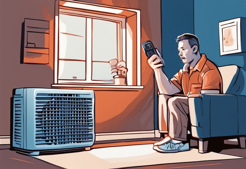 Frustrated homeowner inspecting a Black and Decker portable air conditioner not cooling, modern digital painting illustration, blue color theme.