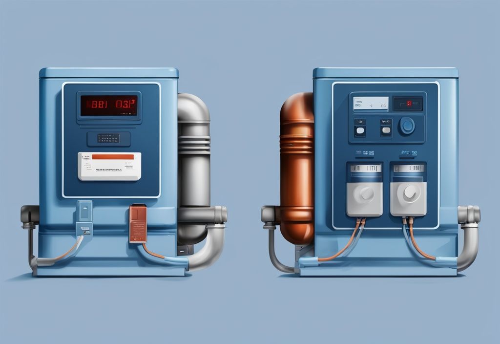 Modern digital painting illustrating side-by-side comparison of AC electric unit and gas unit in action, highlighting essential components and functionality, blue color theme.