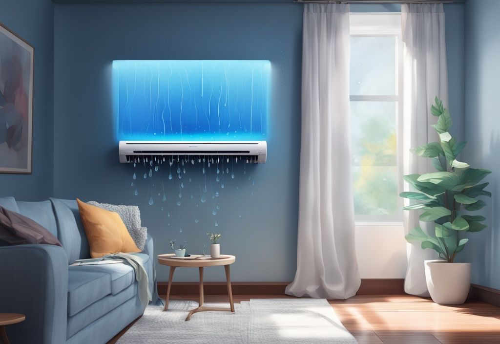 Modern digital painting of a mini split air conditioner on a living room wall with water droplets trickling down, blue color theme