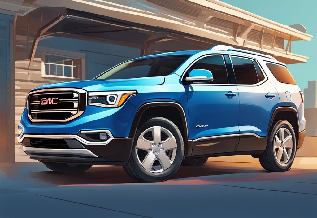 Modern digital painting of GMC Acadia with mechanic inspecting air conditioner system, blue theme, recall notice in foreground.