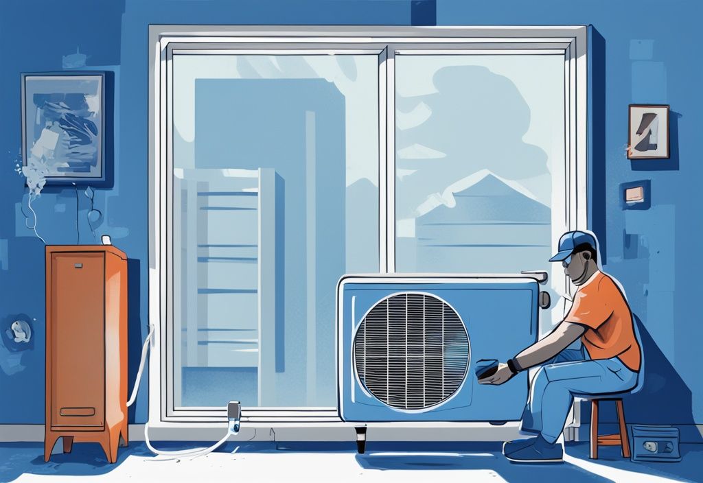 Person sealing window air conditioning unit with foam strips, tools nearby, blue color theme, modern digital painting illustration.