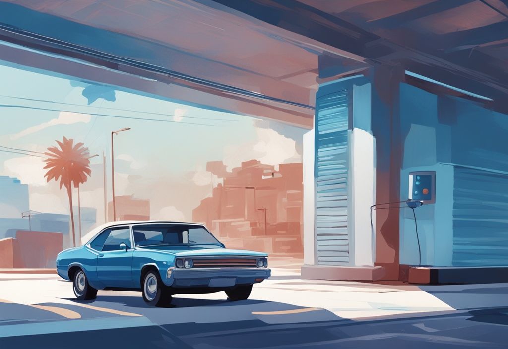 Modern digital painting of a car AC blows cold air when idle and warm air when moving, showcasing blue-themed illustration with parked and moving car scenes.