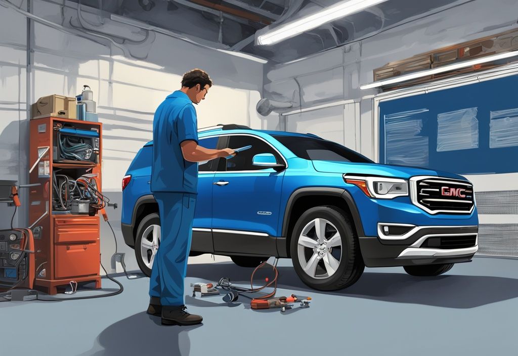 Modern digital painting of a mechanic fixing GMC Acadia air conditioner with recall notice in blue-themed illustration.